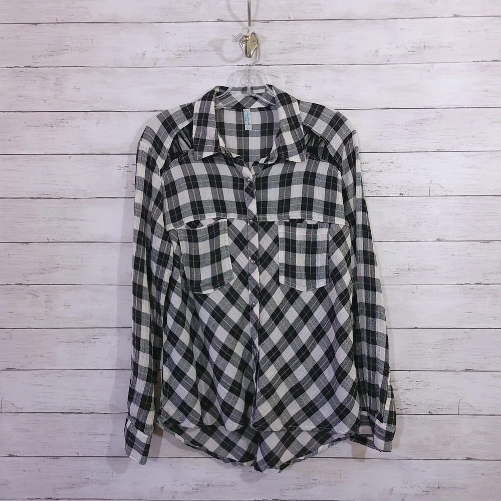 Free People Plaid Lace Up Shoulder‎ Snap Front High Low Shirt Black White Small